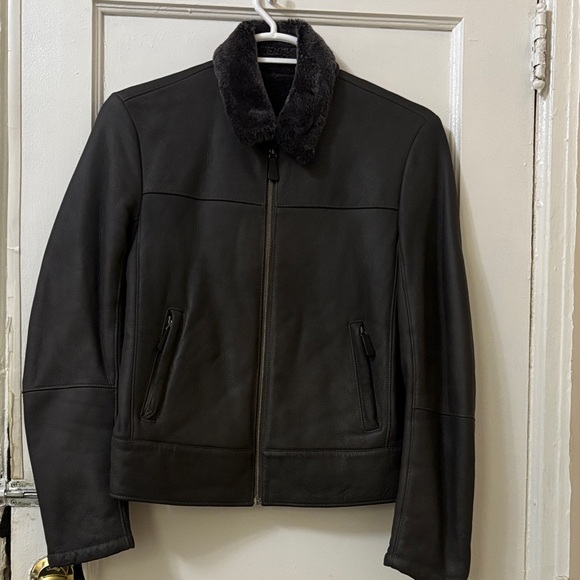 C By Bloomingdales Other - Men's Black Leather Jacket with Fur Collar